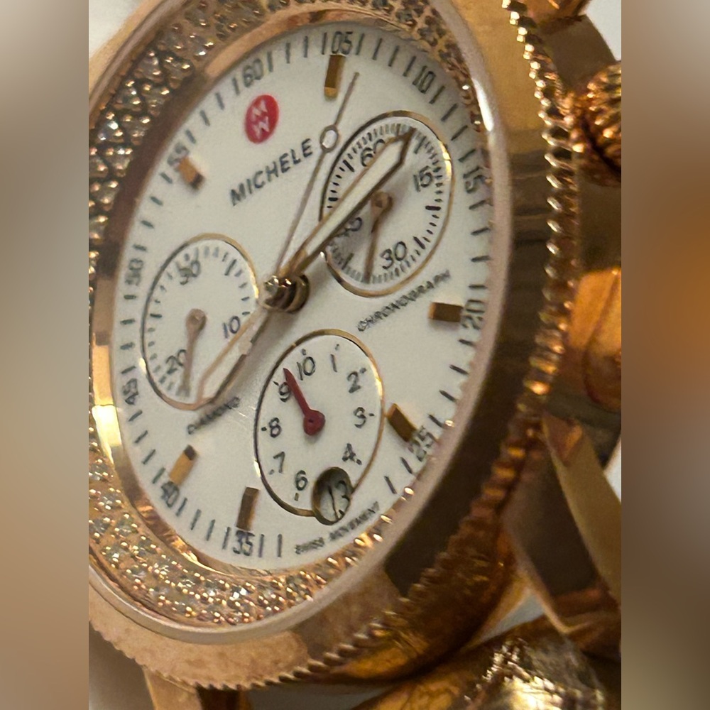 Michele Rose Gold Diamond Bezel Chronograph Watch with White Dial/ 96 Diamonds